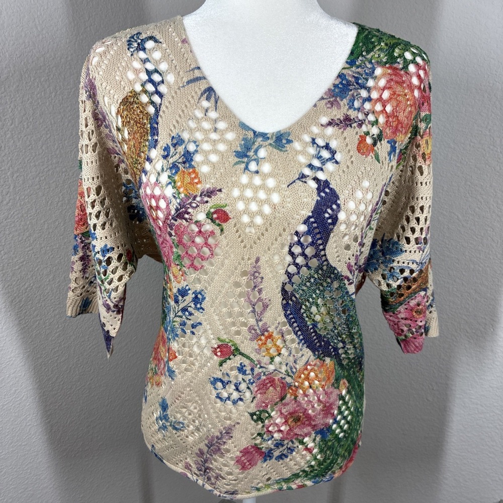 Peacock Floral Eyelid Crochet Short Sleeve Top Open Weave Floral Boho Festival